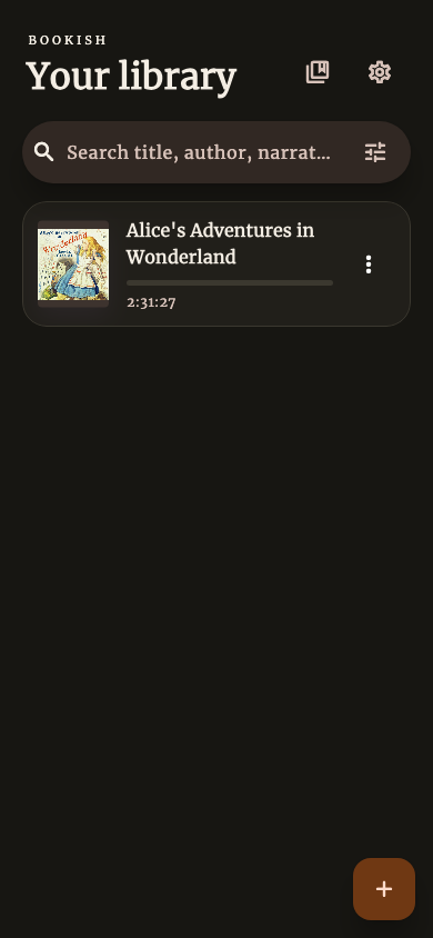 Bookish audiobook library showing Alice's Adventures in Wonderland