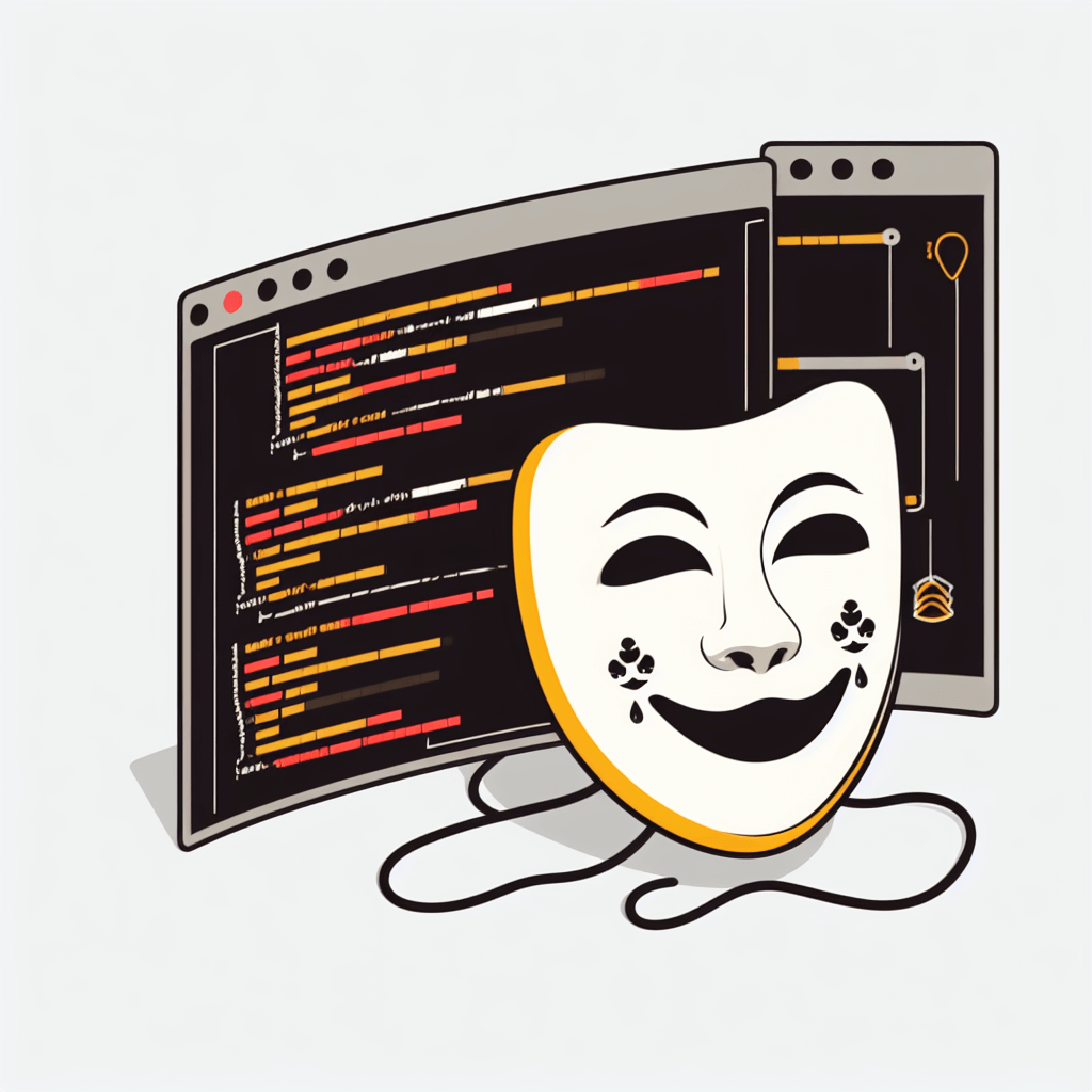 Theater mask in front of PC and phone